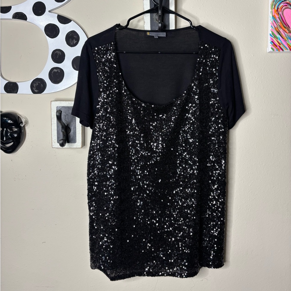 Buffalo David Bitton Black Sequin Scoop Neck Short Sleeve Top